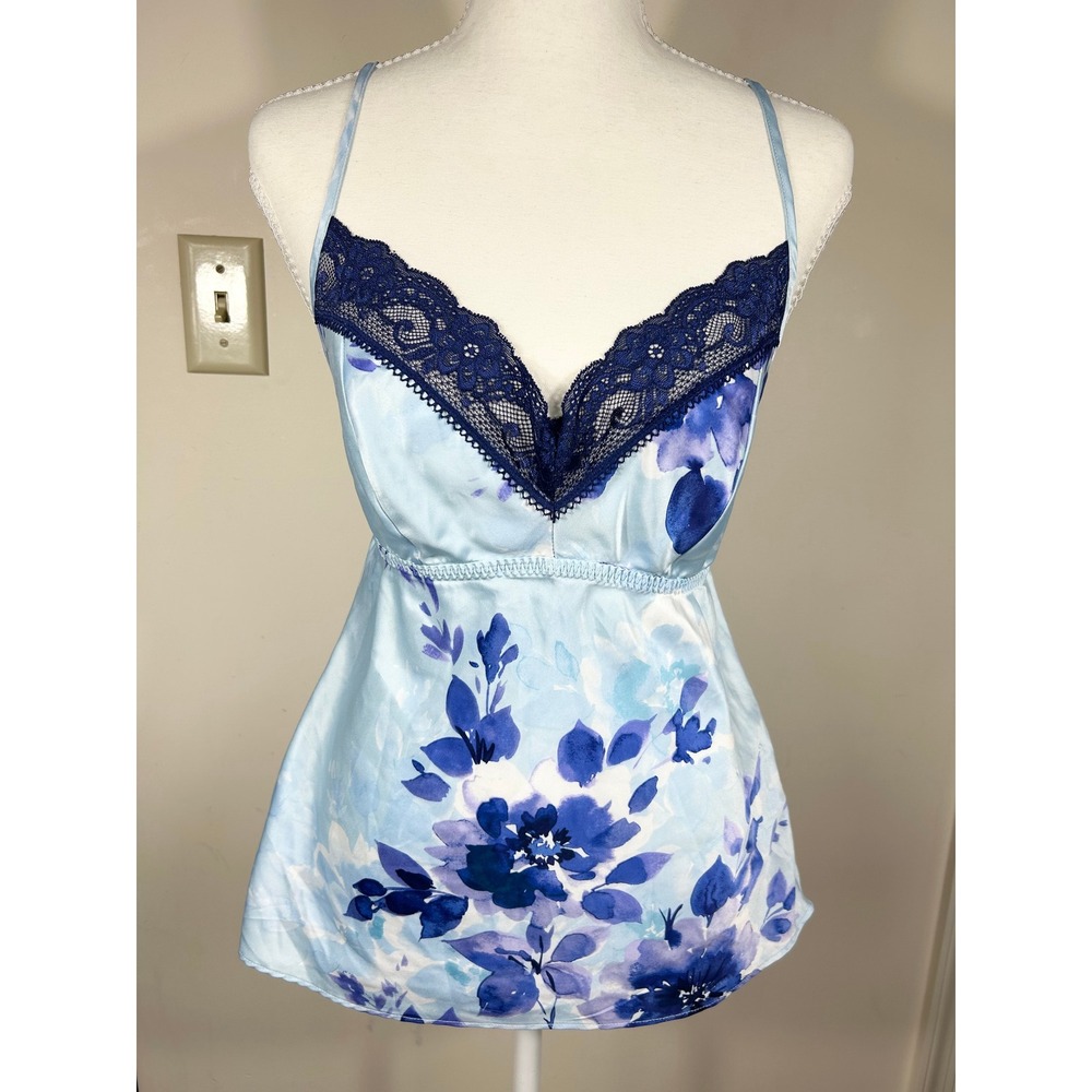 Y2K Dainty‎ Floral Satin Coquette Babydoll Top Lace Trim Women's S Blue Fairy